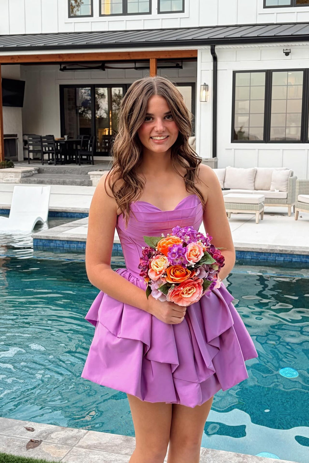 Strapless Purple Ruffle Tiered Short Dress
