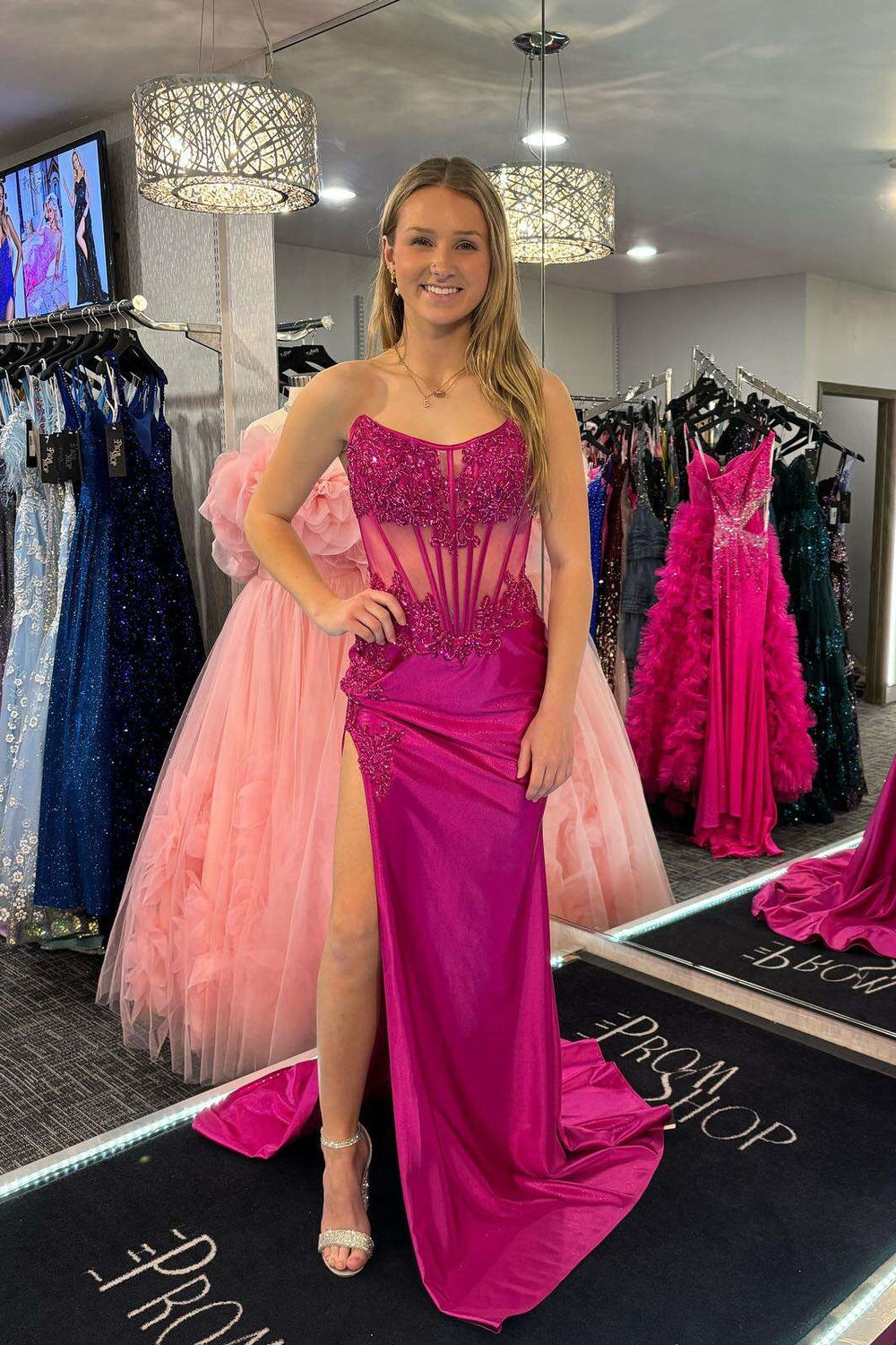 Strapless Magenta Beaded Mermaid Long Dress with Slit