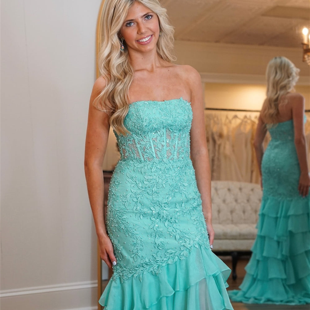 
                      
                        Strapless Mint Appliques Tiered Chiffon Long Dress
                      
                    