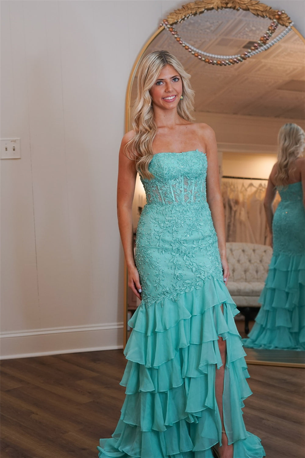 Strapless Mint Appliques Tiered Chiffon Long Dress