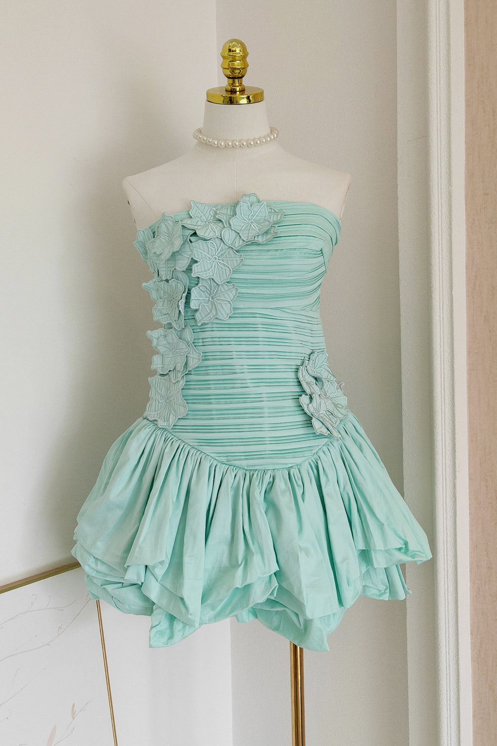 Strapless Mint Green Floral Appliques Bud Dress