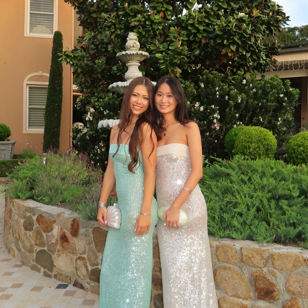 
                      
                        Strapless Mint Green Sequin Long Dress with Scarf
                      
                    