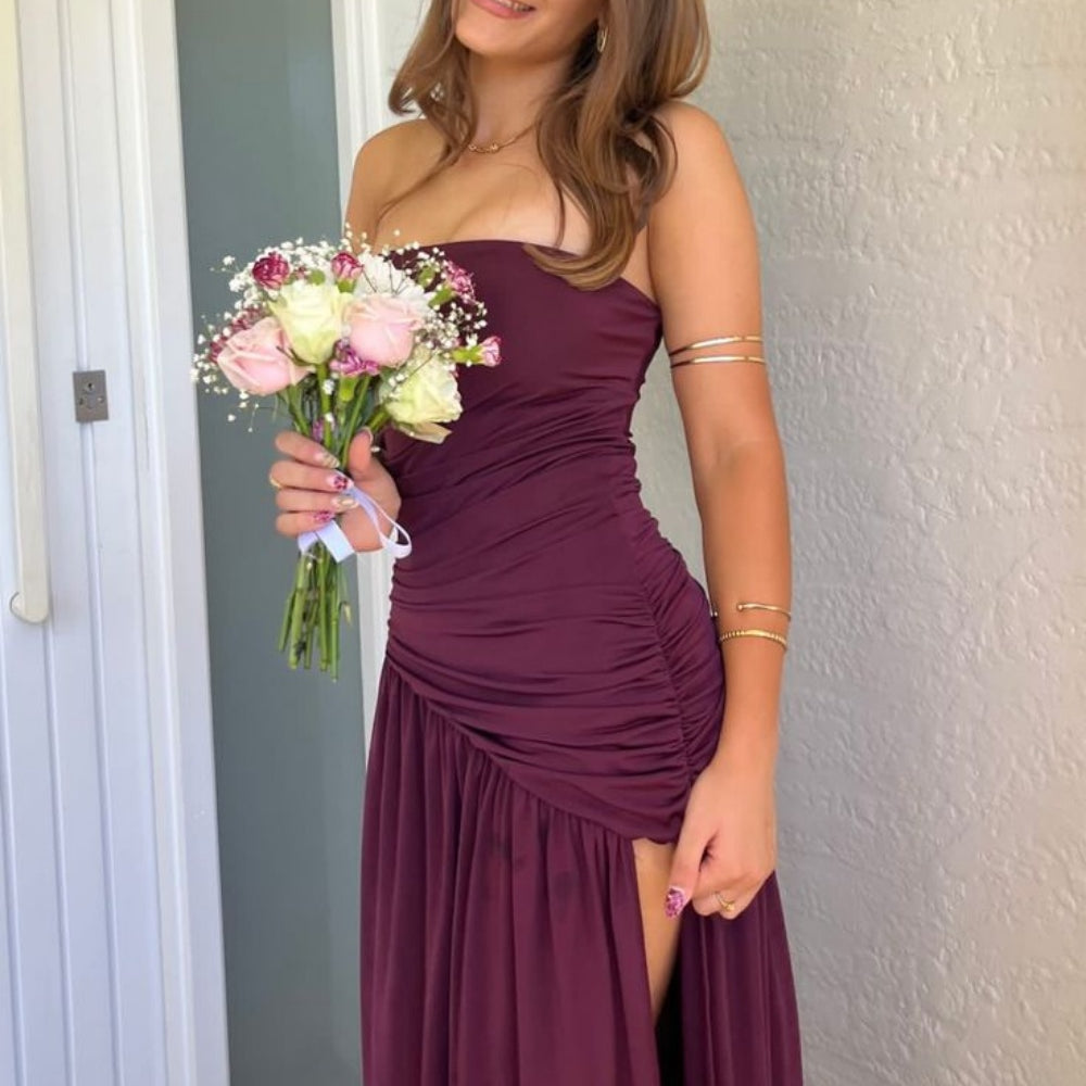 mulberry maxi dress Strapless Mulberry Gathered Maxi Dress with Slit – PollyBoutique
