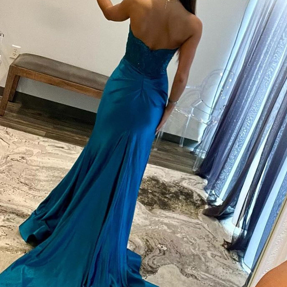 
                      
                        Strapless Navy Blue Appliques Long Dress with Slit
                      
                    