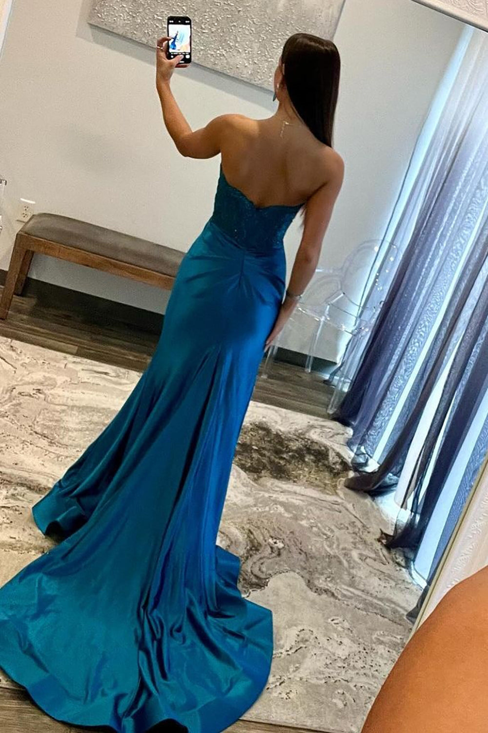Strapless Navy Blue Appliques Long Dress with Slit PollyBoutique Strapless Navy Blue Appliques Long Dress with Slit PollyBoutique