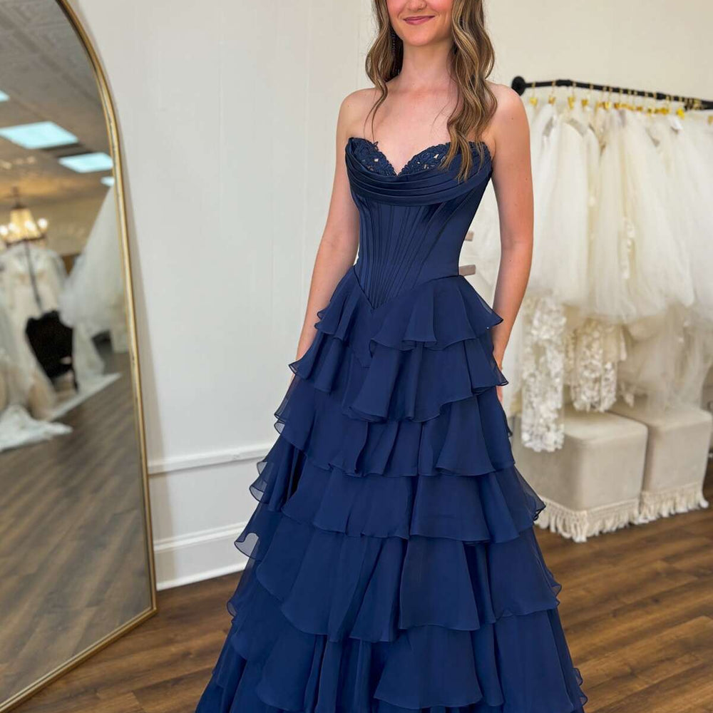 
                      
                        Strapless Navy Blue Appliques Tiered Long Dress with Slit
                      
                    