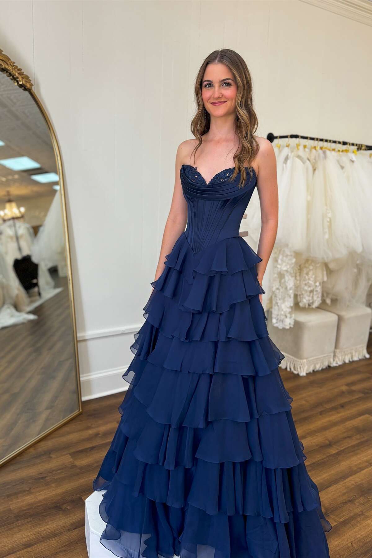 Strapless Navy Blue Appliques Tiered Long Dress with Slit – PollyBoutique