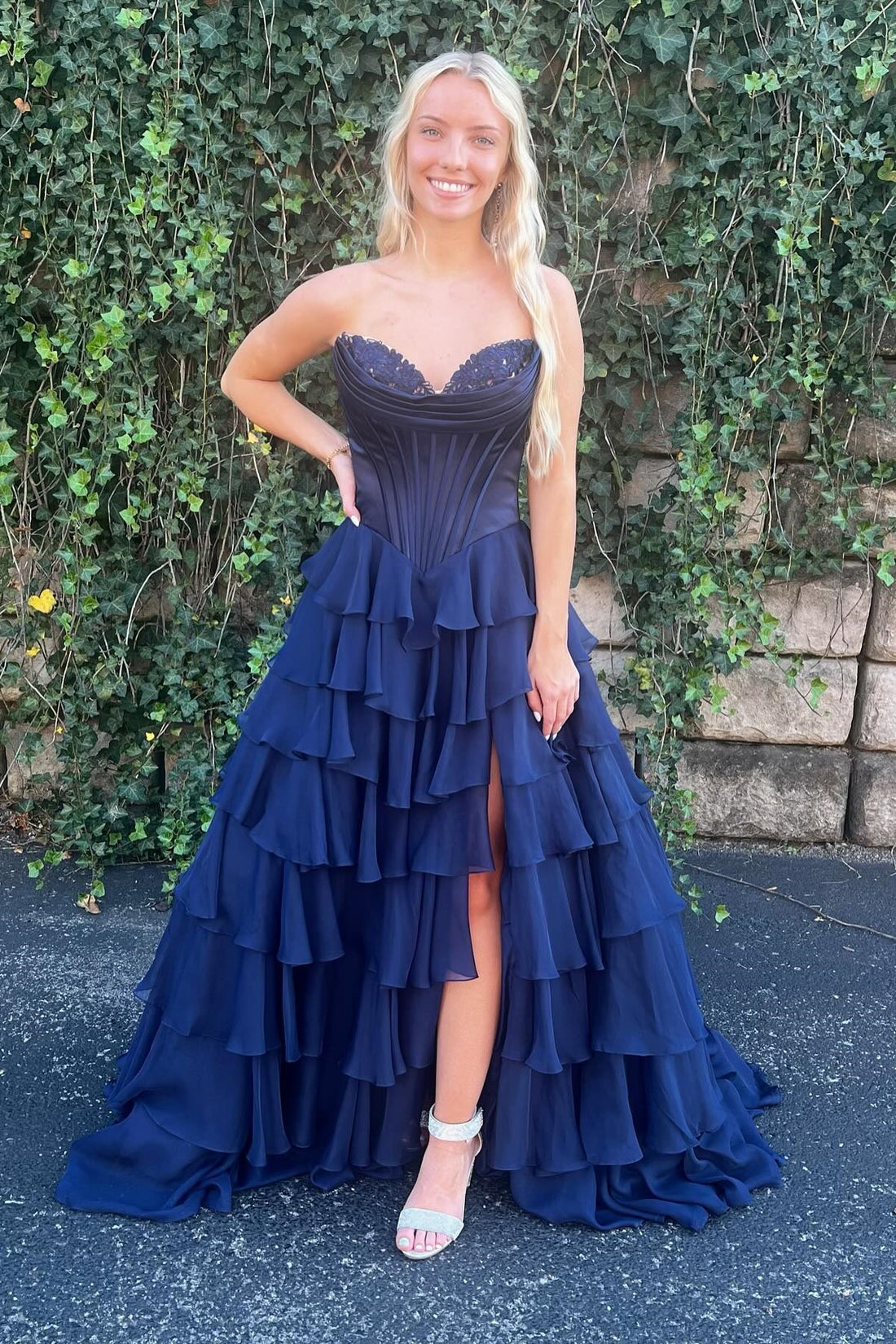 Strapless Navy Blue Appliques Tiered Long Dress with Slit – PollyBoutique