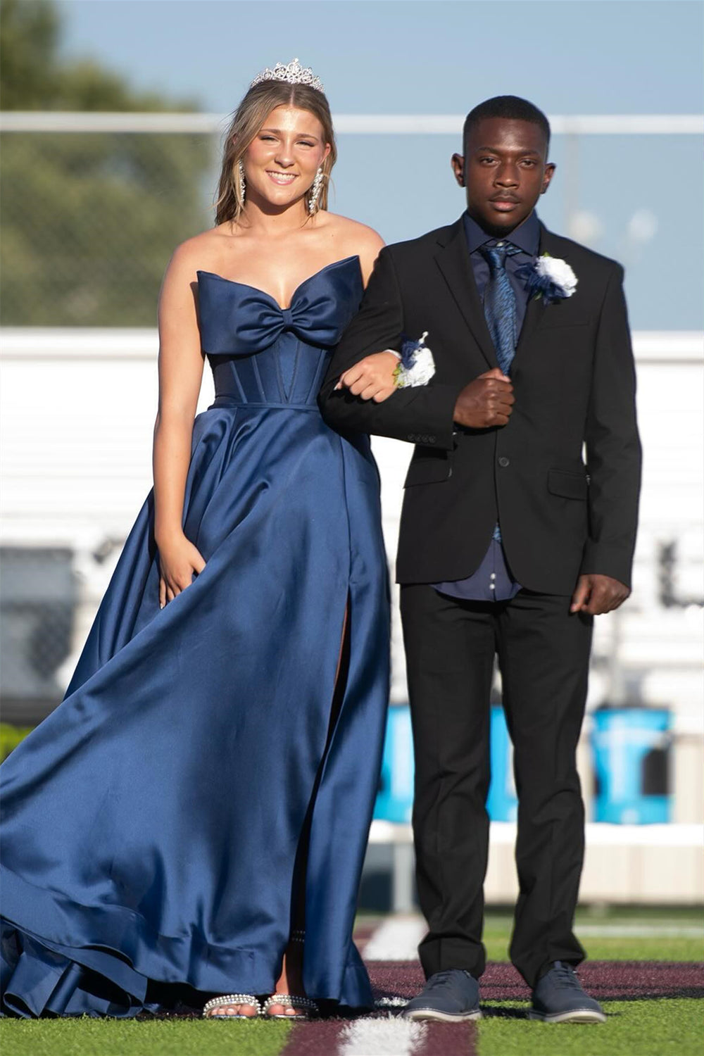 Strapless Navy Blue Bow Front Long Dress with a Slit