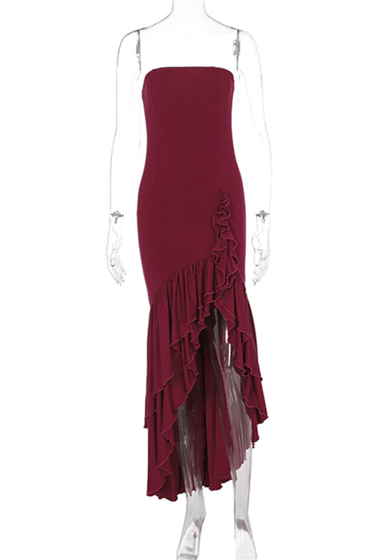 
                      
                        Strapless Navy Blue Irregular Hem Long Dress with Slit
                      
                    