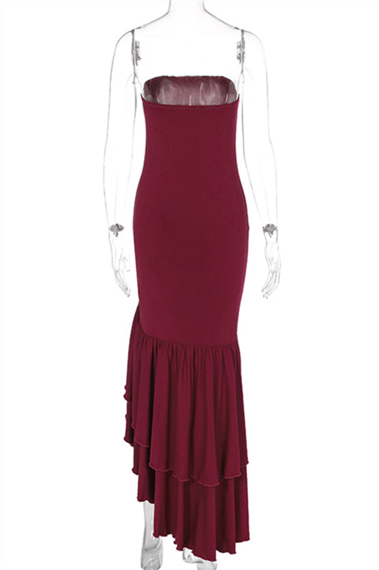 
                      
                        Strapless Navy Blue Irregular Hem Long Dress with Slit
                      
                    