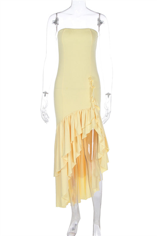 
                      
                        Strapless Navy Blue Irregular Hem Long Dress with Slit
                      
                    