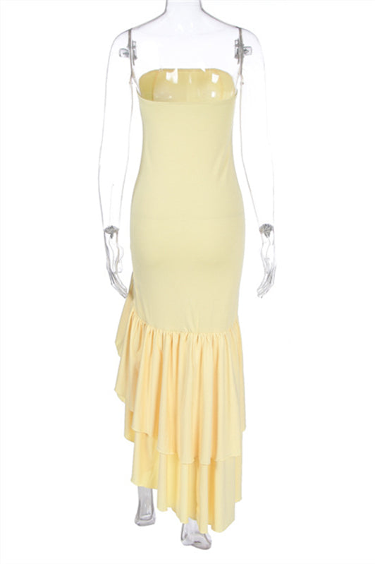 
                      
                        Strapless Navy Blue Irregular Hem Long Dress with Slit
                      
                    