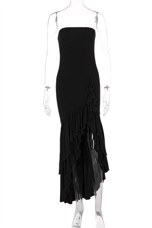 
                      
                        Strapless Navy Blue Irregular Hem Long Dress with Slit
                      
                    