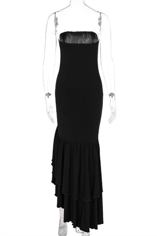 
                      
                        Strapless Navy Blue Irregular Hem Long Dress with Slit
                      
                    