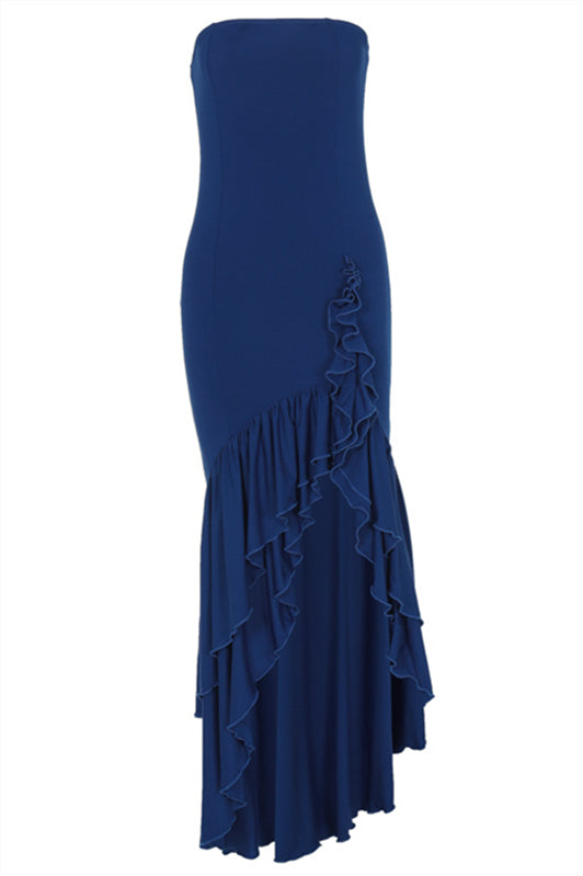 Strapless Navy Blue Irregular Hem Long Dress with Slit