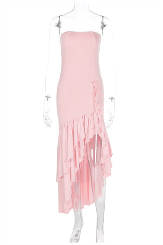 
                      
                        Strapless Navy Blue Irregular Hem Long Dress with Slit
                      
                    