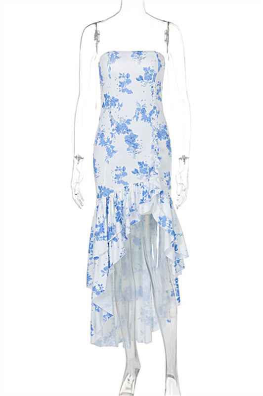 
                      
                        Strapless Navy Blue Irregular Hem Long Dress with Slit
                      
                    