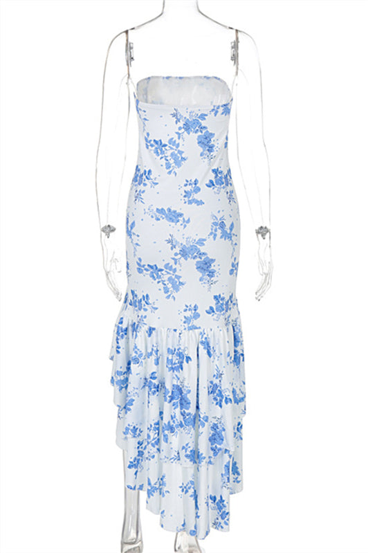 
                      
                        Strapless Navy Blue Irregular Hem Long Dress with Slit
                      
                    