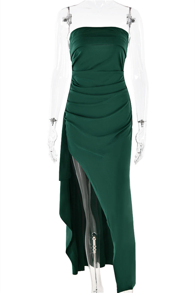 
                      
                        Strapless Navy Blue Ruched Long Dress with Slit
                      
                    
