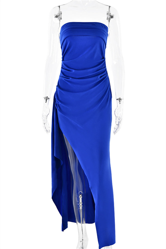 
                      
                        Strapless Navy Blue Ruched Long Dress with Slit
                      
                    
