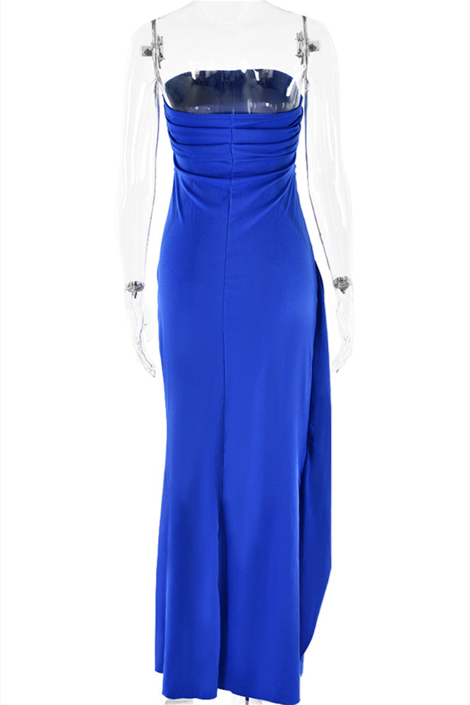 
                      
                        Strapless Navy Blue Ruched Long Dress with Slit
                      
                    