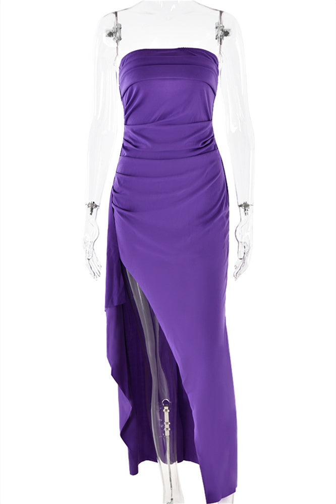 
                      
                        Strapless Navy Blue Ruched Long Dress with Slit
                      
                    
