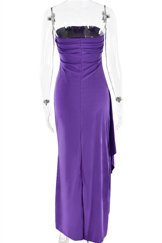 
                      
                        Strapless Navy Blue Ruched Long Dress with Slit
                      
                    