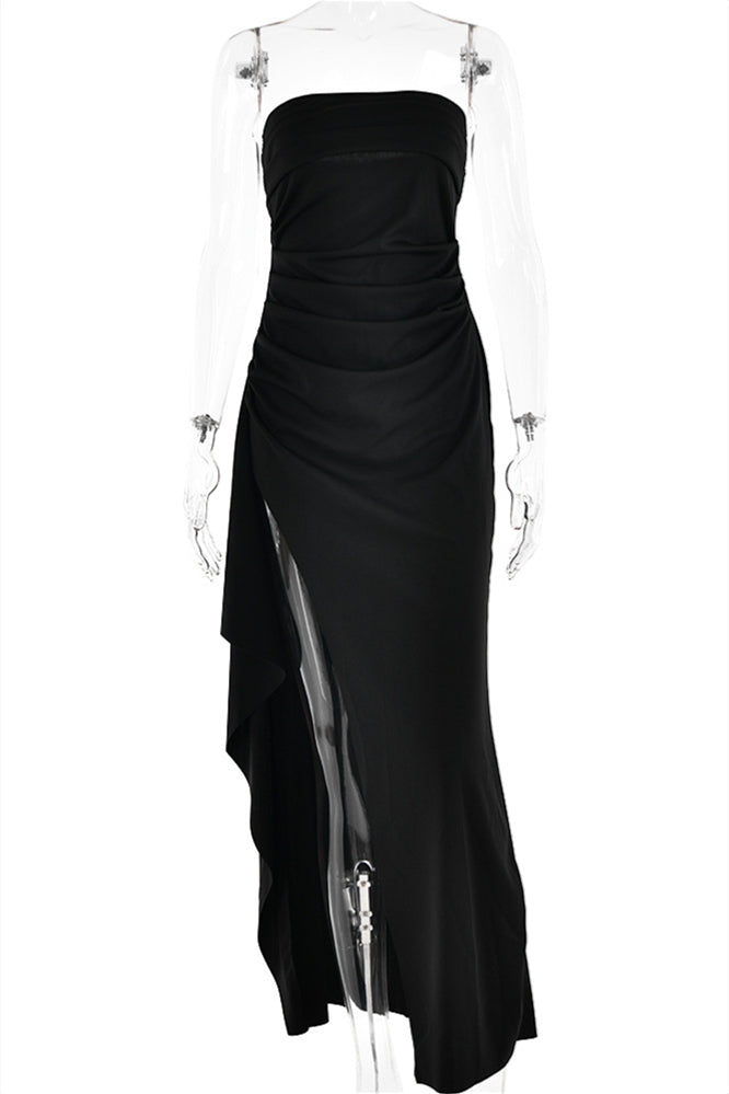 
                      
                        Strapless Navy Blue Ruched Long Dress with Slit
                      
                    