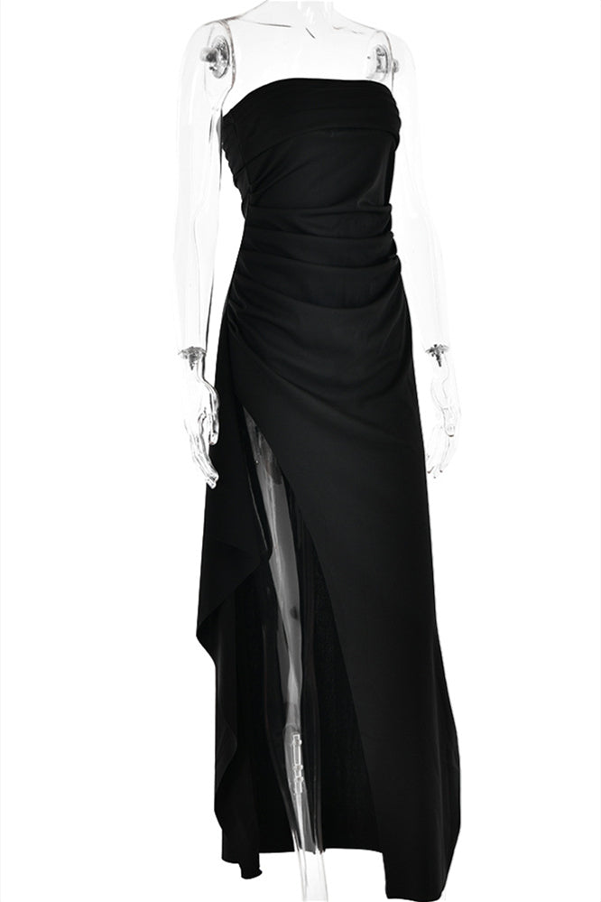 
                      
                        Strapless Navy Blue Ruched Long Dress with Slit
                      
                    