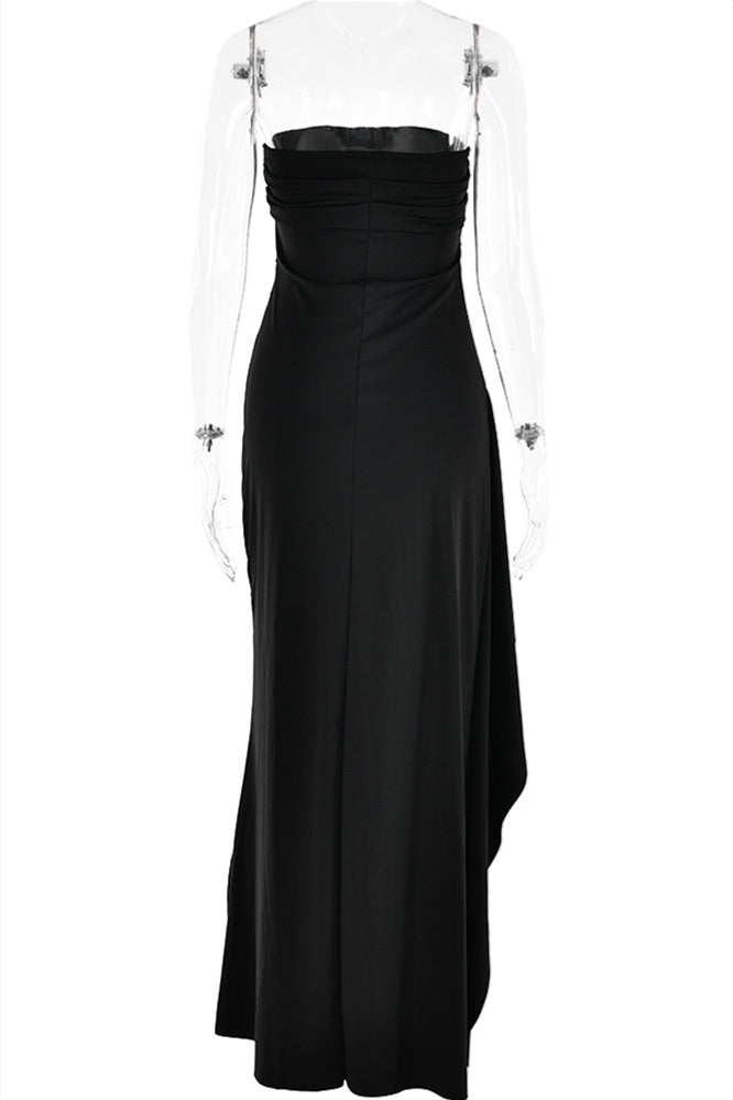 
                      
                        Strapless Navy Blue Ruched Long Dress with Slit
                      
                    