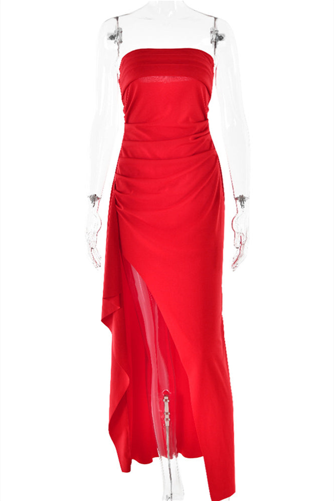 
                      
                        Strapless Navy Blue Ruched Long Dress with Slit
                      
                    
