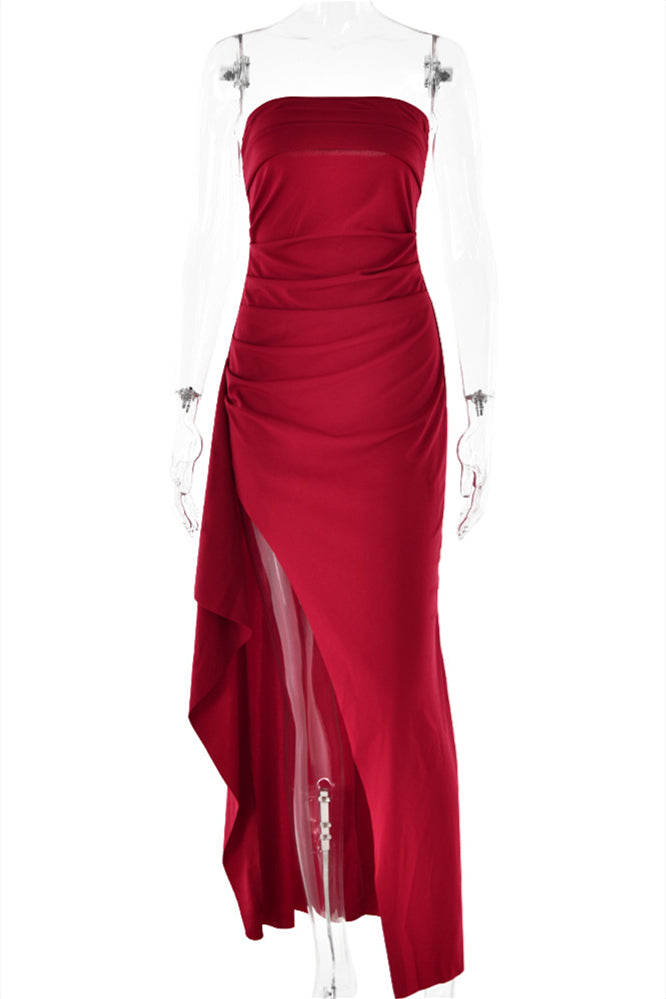 
                      
                        Strapless Navy Blue Ruched Long Dress with Slit
                      
                    