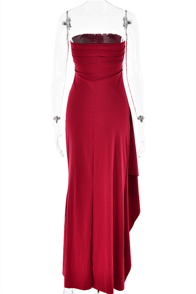 
                      
                        Strapless Navy Blue Ruched Long Dress with Slit
                      
                    