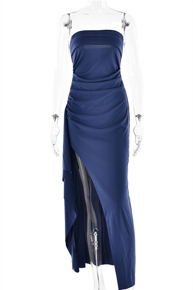 Strapless Navy Blue Ruched Long Dress with Slit