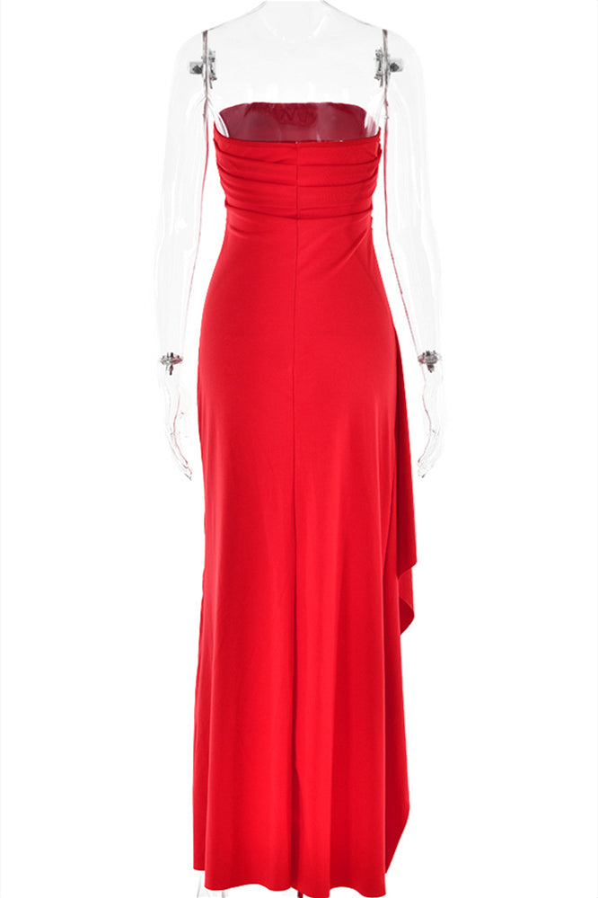 
                      
                        Strapless Navy Blue Ruched Long Dress with Slit
                      
                    