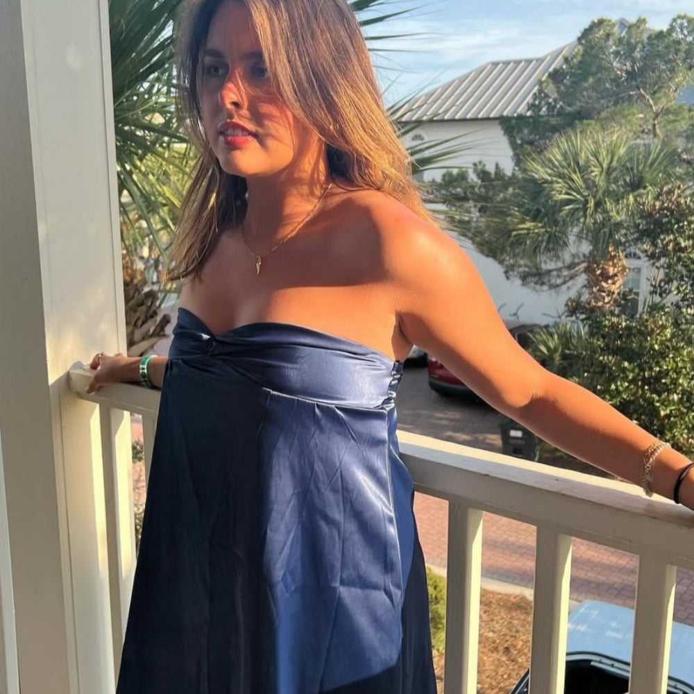 
                      
                        Strapless Navy Blue Ruched Tube Dress
                      
                    
