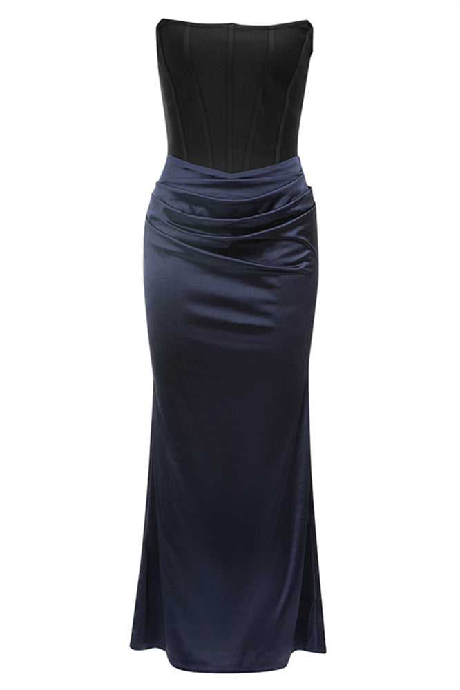 Strapless Navy Blue and Black Ruched Long Dress