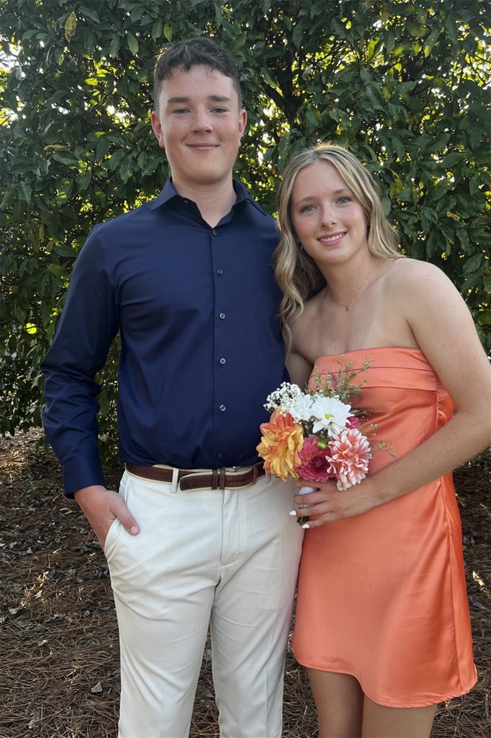 Strapless Orange Cowl Back A-line Short Dress