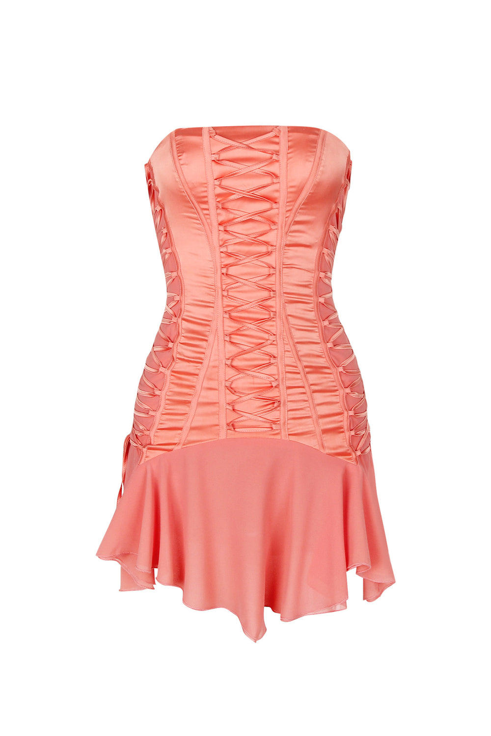 Strapless Orange Lace Up Chiffon Patchwork Short Dress