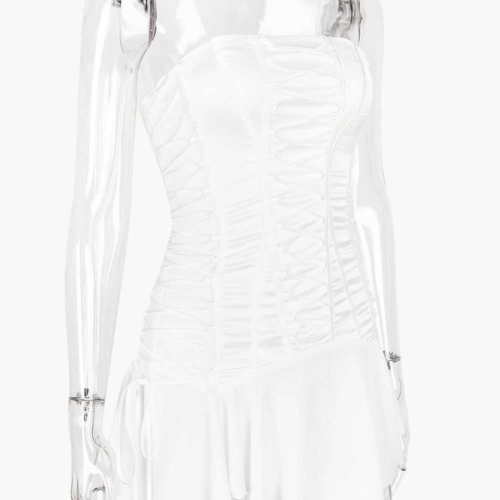 
                      
                        Strapless Orange Lace Up Chiffon Patchwork Short Dress
                      
                    