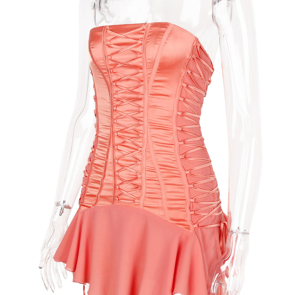 
                      
                        Strapless Orange Lace Up Chiffon Patchwork Short Dress
                      
                    