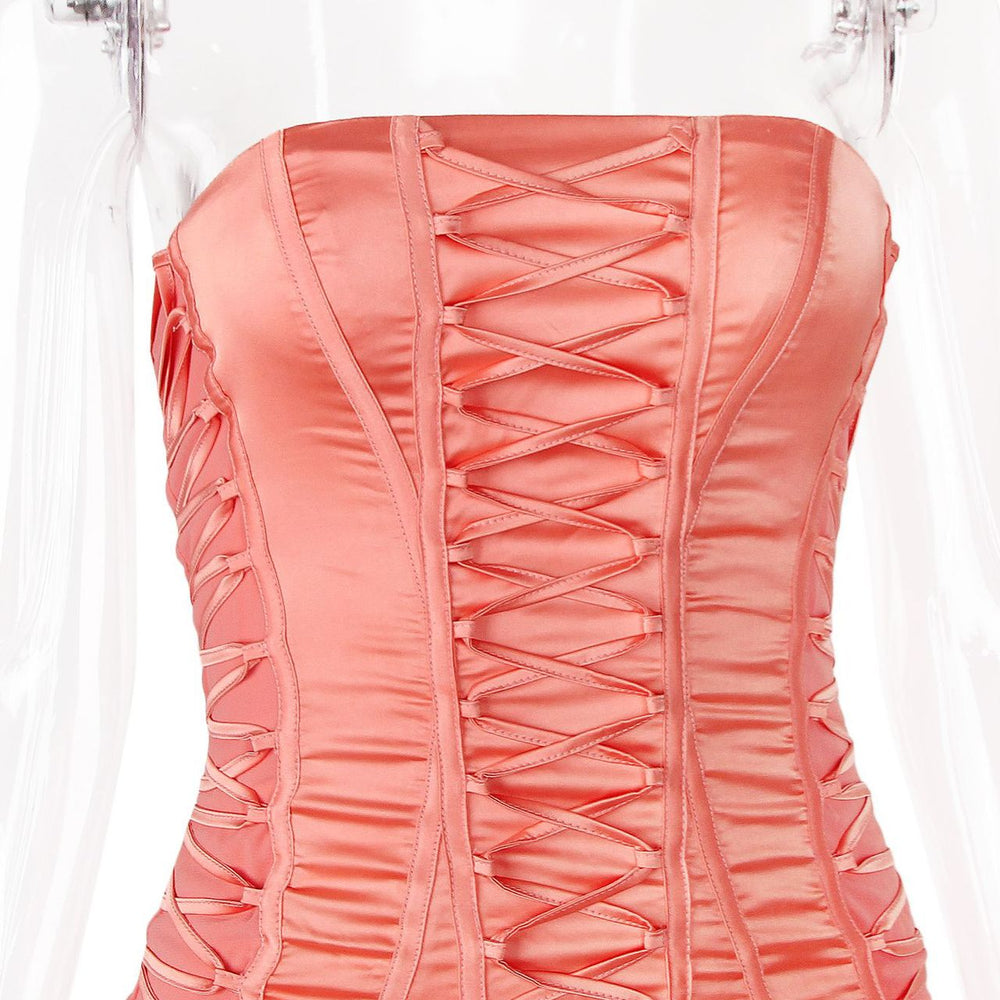 
                      
                        Strapless Orange Lace Up Chiffon Patchwork Short Dress
                      
                    