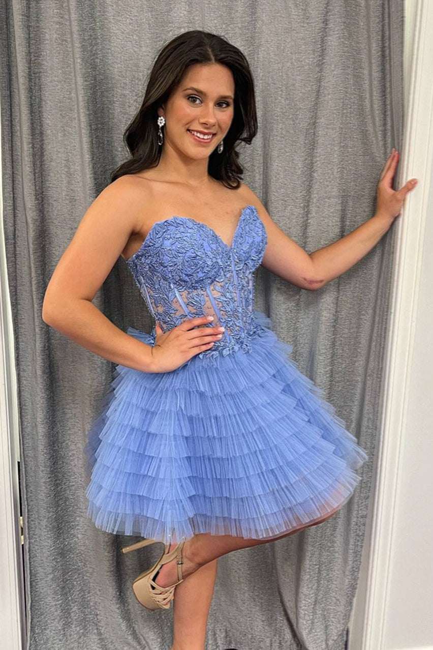 Strapless Periwinkle Appliques Tiered Short Dress