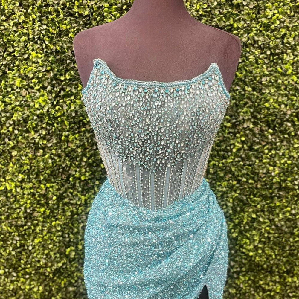 
                      
                        Strapless Periwinkle Beaded Sequin Bodycon Short Dress
                      
                    