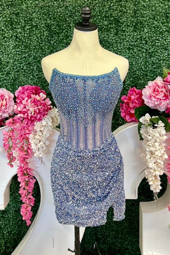 Strapless Periwinkle Beaded Sequin Bodycon Short Dress