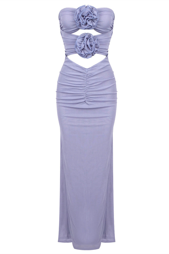 Strapless Periwinkle Rosette Long Dress with Keyhole