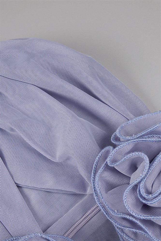 
                      
                        Strapless Periwinkle Rosette Long Dress with Keyhole
                      
                    