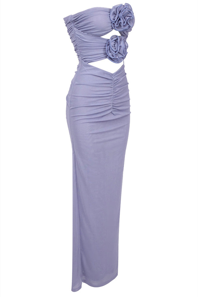 
                      
                        Strapless Periwinkle Rosette Long Dress with Keyhole
                      
                    