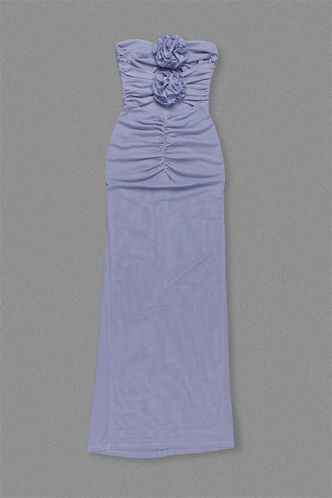 
                      
                        Strapless Periwinkle Rosette Long Dress with Keyhole
                      
                    
